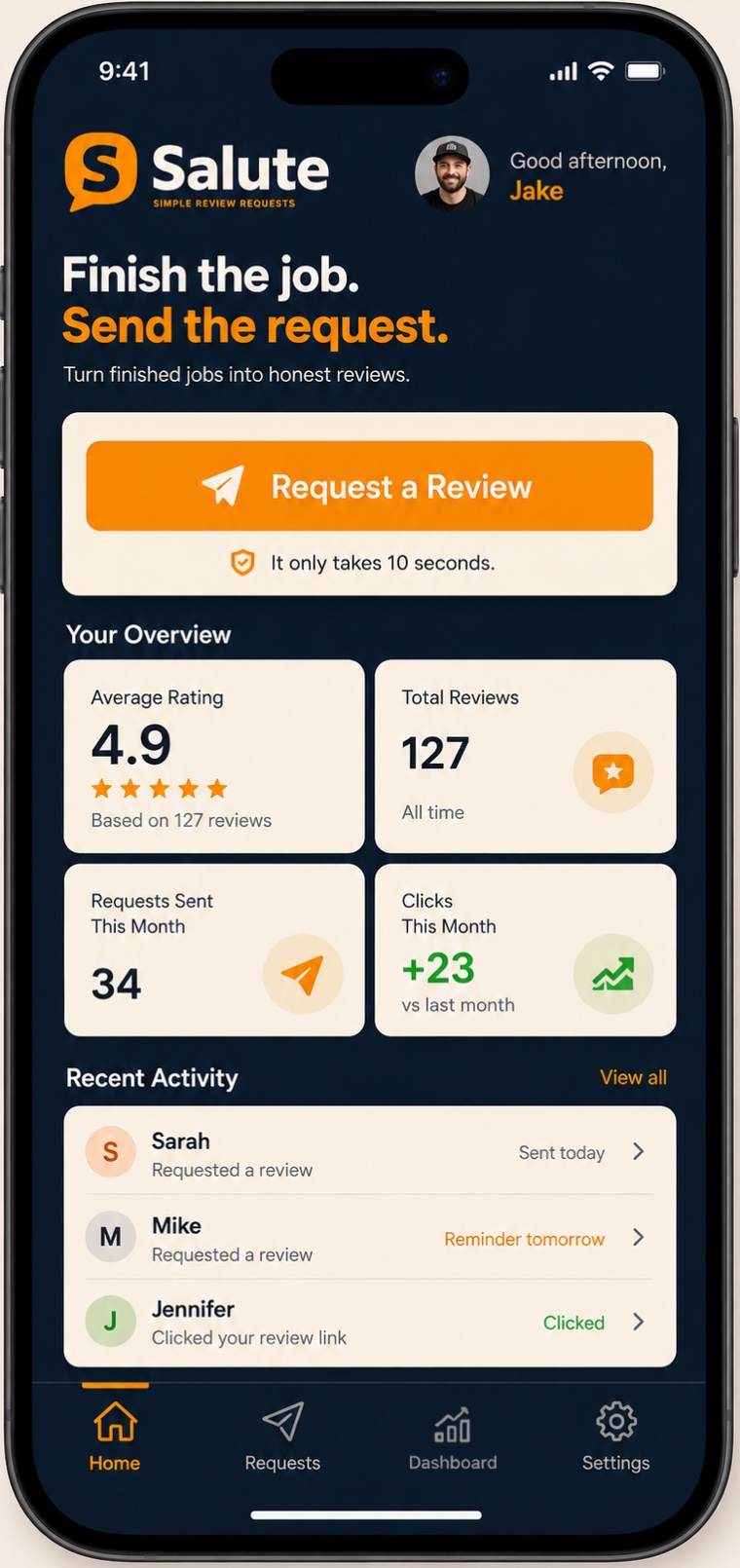 Salute home screen showing a Request a Review button, average rating of 4.9 stars, and recent request activity
